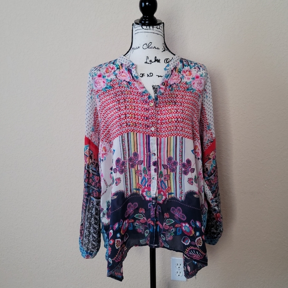 Johnny Was Tops - Johnny Was Patchwork Button Front Blouse, Size M